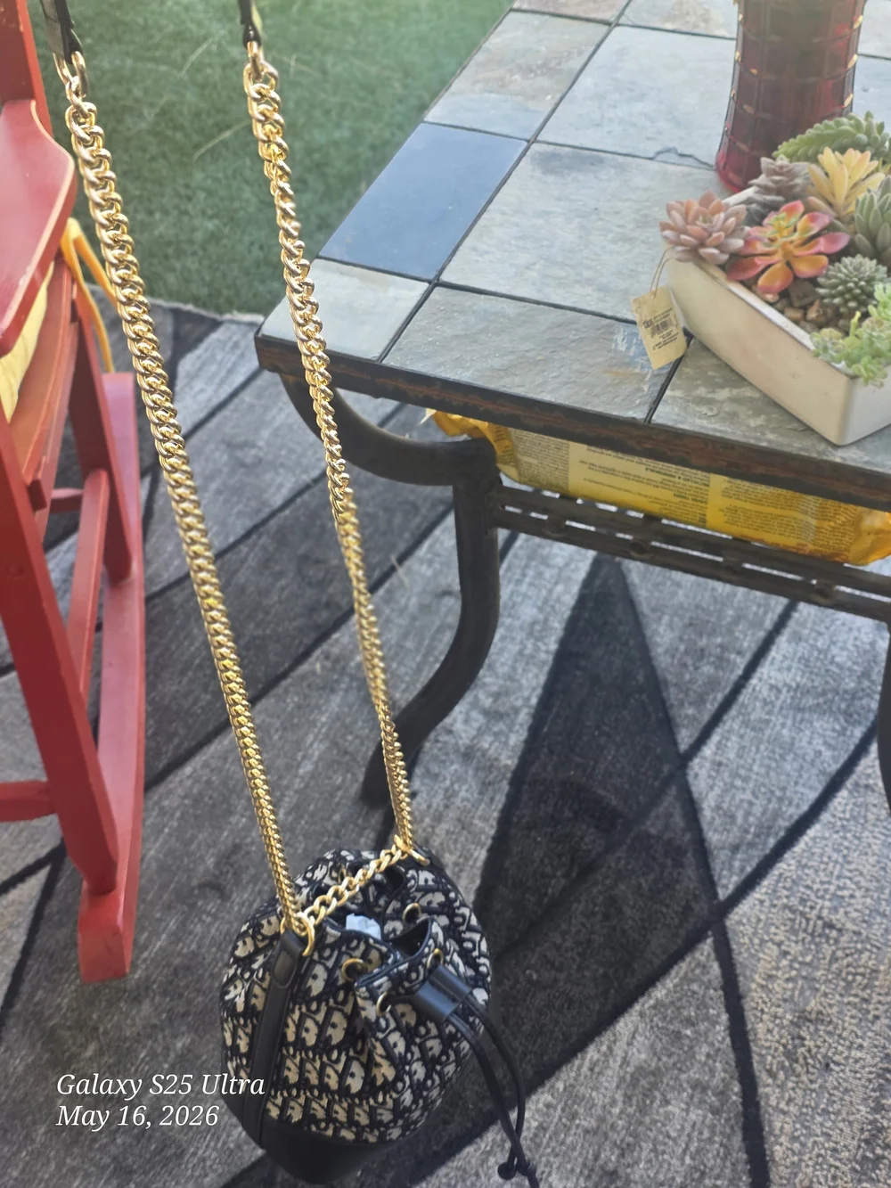 Dior Black & White Monogram Drawstring Hobo with Gold Chain Strap